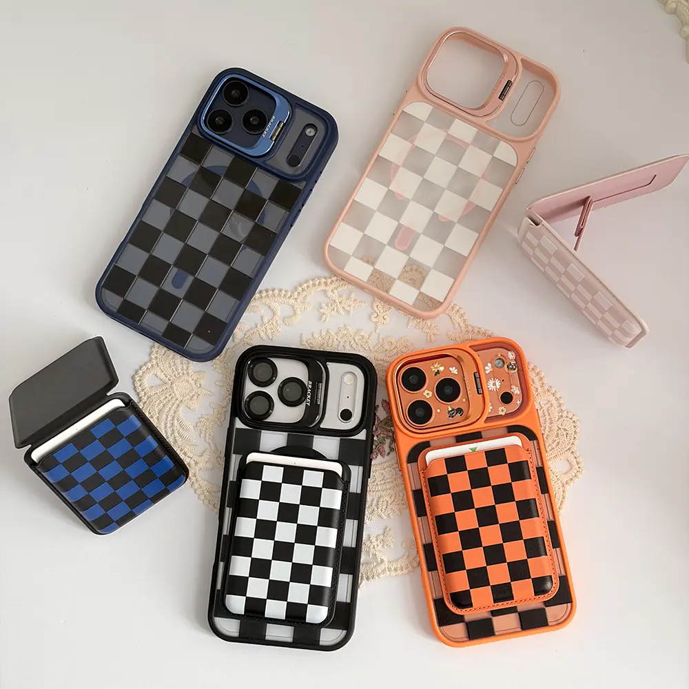 Black Transparent Checkerboard Metal MagSafe Phone Case for Smartphone, Handheld Cellphone - Shockproof, Anti-Scratch Cover with Foldable Camera Stand & Card Holder, Compatible for iPhone 17 Pro Max/16/15 & Samsung Galaxy Series Models