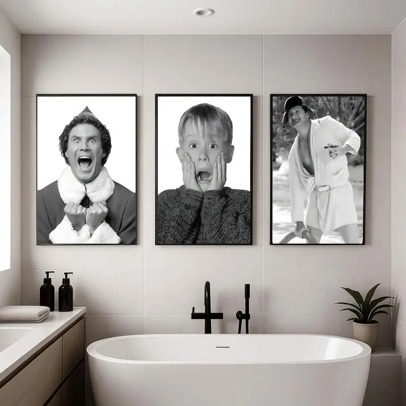 3-Piece Black and White Comedy Movie Scene Canvas Art Set - Humorous Playful Wall Decor for Bathroom, Dining Room, Nursery Home Decoration Enthusiasts