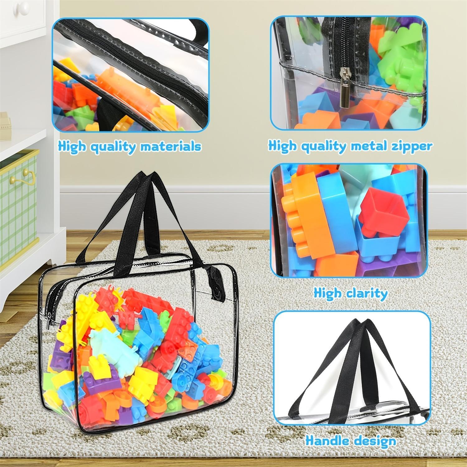 Clear Toy Storage Bag, 3 Counts Waterproof Zipper Building Block Organizers, Portable Washable Storage Bags for Home, Office and School, Space Saving Bags