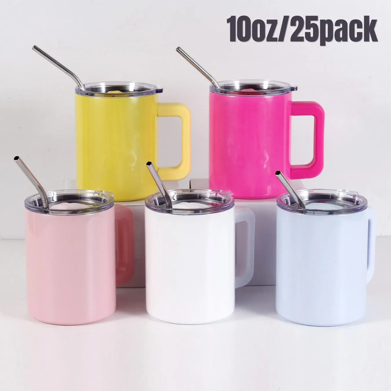 25pcs 10oz Sublimation Macaron Mug, 304 Stainless Steel Insulated Tumbler - Double-Wall Reusable Coffee Cups with Handles, Lids, Sublimation Style Mugs for Hot/Cold Drinks, Ideal for DIY Festive Gifts
