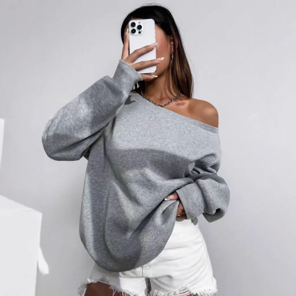 Slant-shouldered Spice Girl Versatile Pullover Sweater Autumn and Winter Casual Lazy Wind Off-Shoulder Long Sleeve Top Women