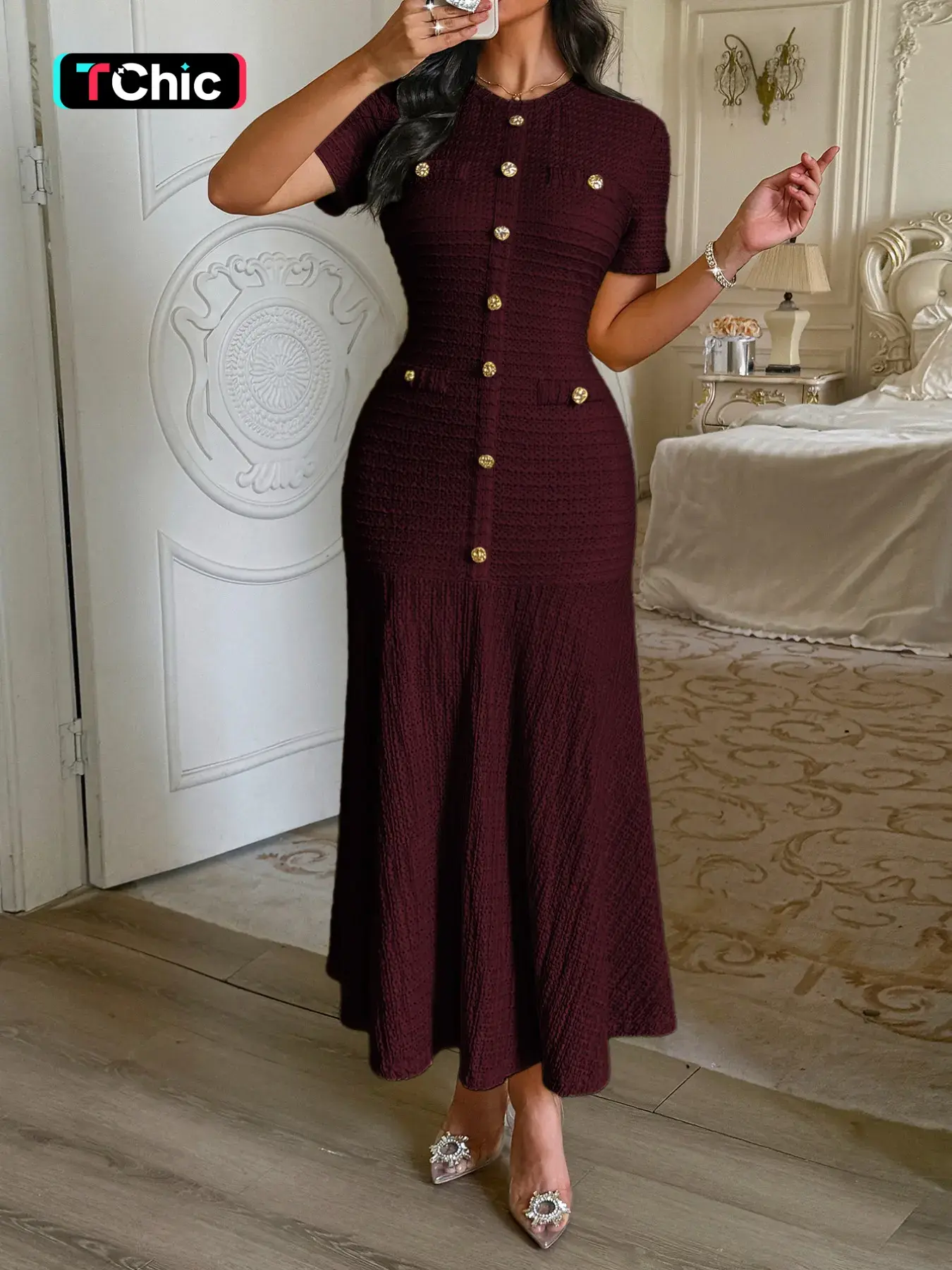 Pure Solid Color Casual Button Decorated Fitted Short Sleeve Dress, Stylish Slim Fit Design for Everyday Wear, Perfect for Comfortable