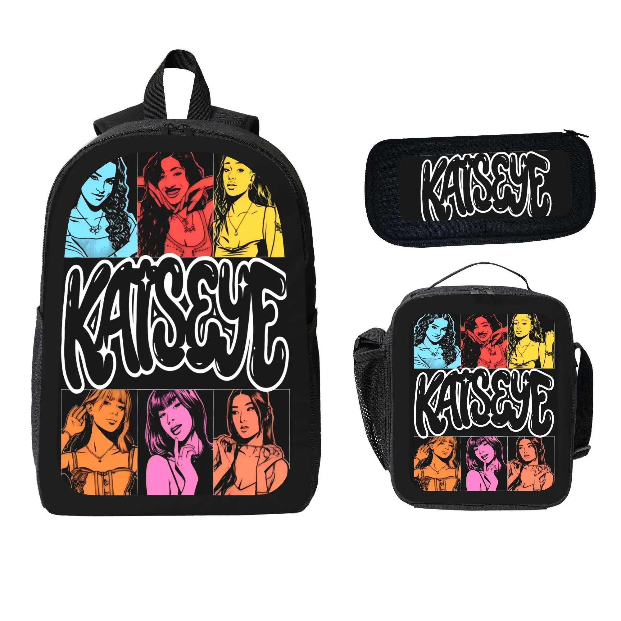 KATSEYE Retro Comic 3-Piece Backpack Combo - Black Street Style Travel Backpack Set with Pencil Case, Lunch Bag for Students, Everyday Carry