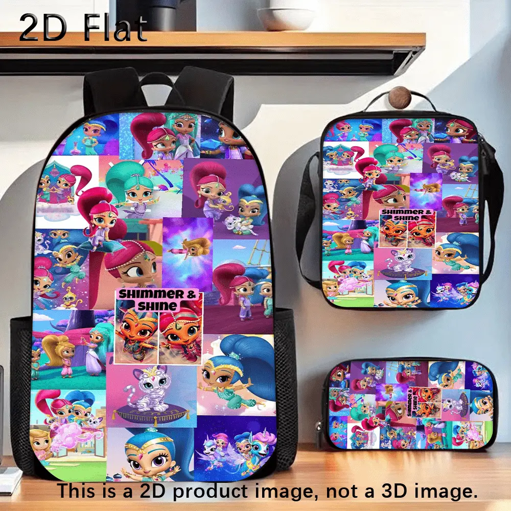 3Pcs Shimmer & Shine Multi Scene Collage Backpack Set 2D Flat Print Girls School Bag Lunch Bag Pencil Case Combo 600D Oxford Lightweight Padded Straps Multi Pocket Travel Daypack For Little Girls