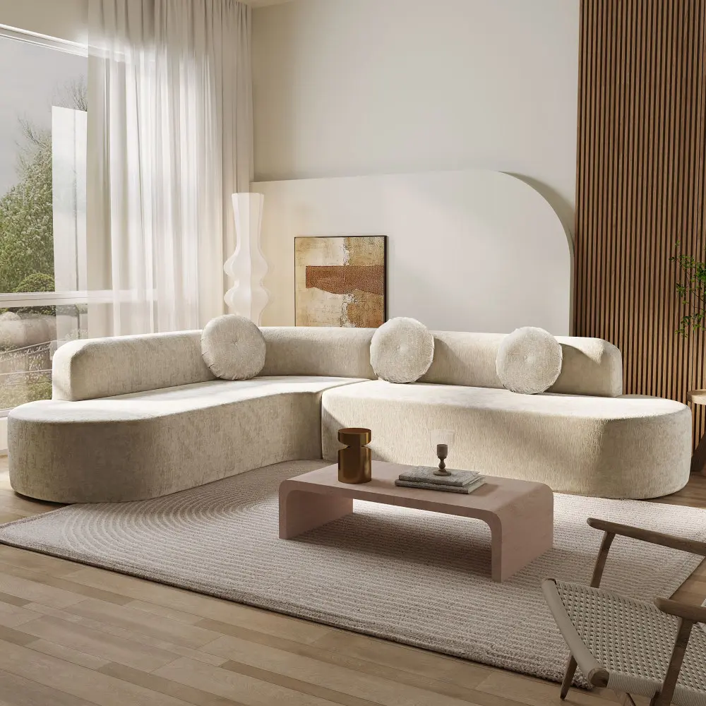 122'' Extra Large Fabric Sectional Sofa - Soft Upholstery, Elegant Curved Design, 3 Round Cushions, High-Resilience Foam for Living Room Comfort