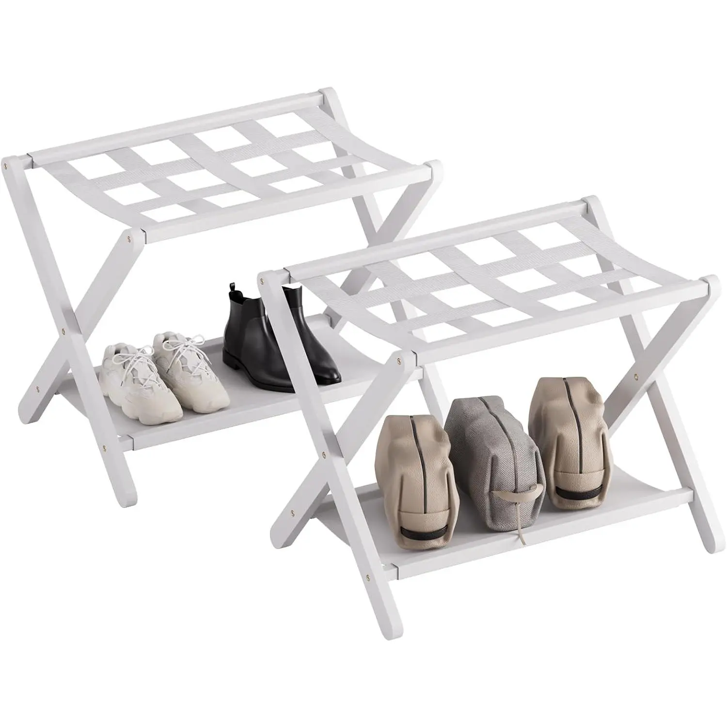 White Luggage Rack, Set of 2, Folding Suitcase Stand with Storage Shelf,  Luggage Holder with 5 Nylon Straps for Guest Room Bedroom Hotel