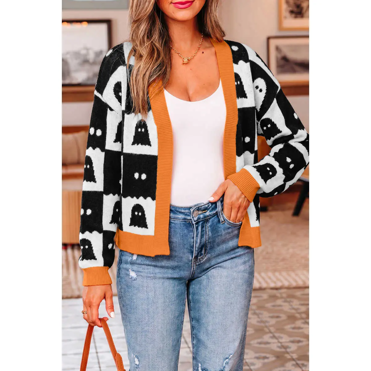 Women's Halloween Ghost & Geometric Print Long Sleeve Knit Cardigan - Casual Longsleeves Clothes, Drop Shoulder, Comfortable Relaxed Fit, Button Front, Orange Trim, Polyester Knit Outerwear for Daily Wear, Knitwear, Ghost Print
