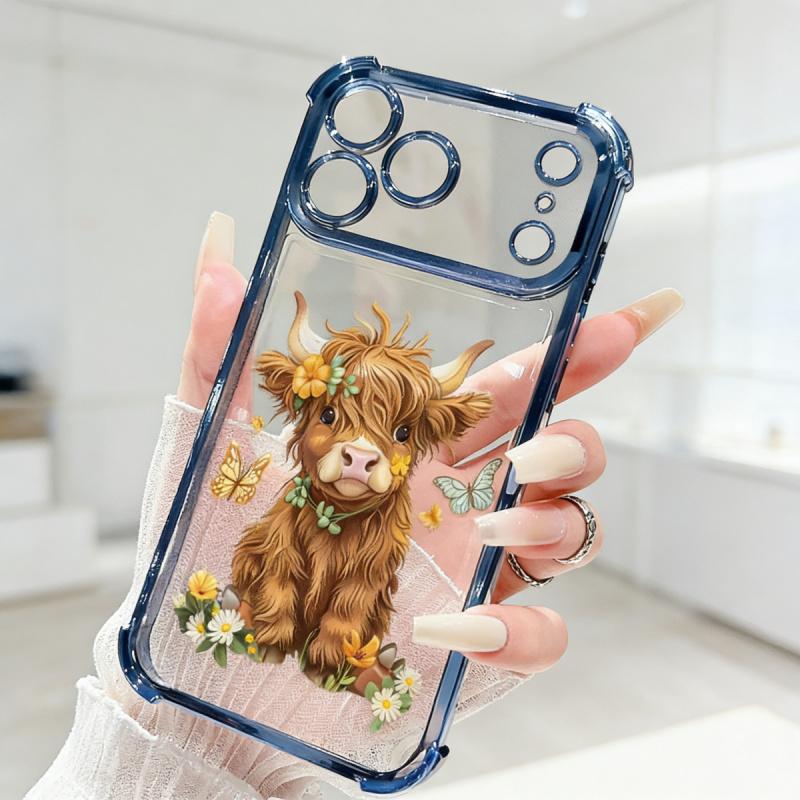 Protective Four Corners Plated iPhone Case for iPhone 17 16 Pro Max 15 Plus 14 13 12 11  Air Flower - adorned Highland calf Patterned Shockproof Transparent Soft Silicone Cover