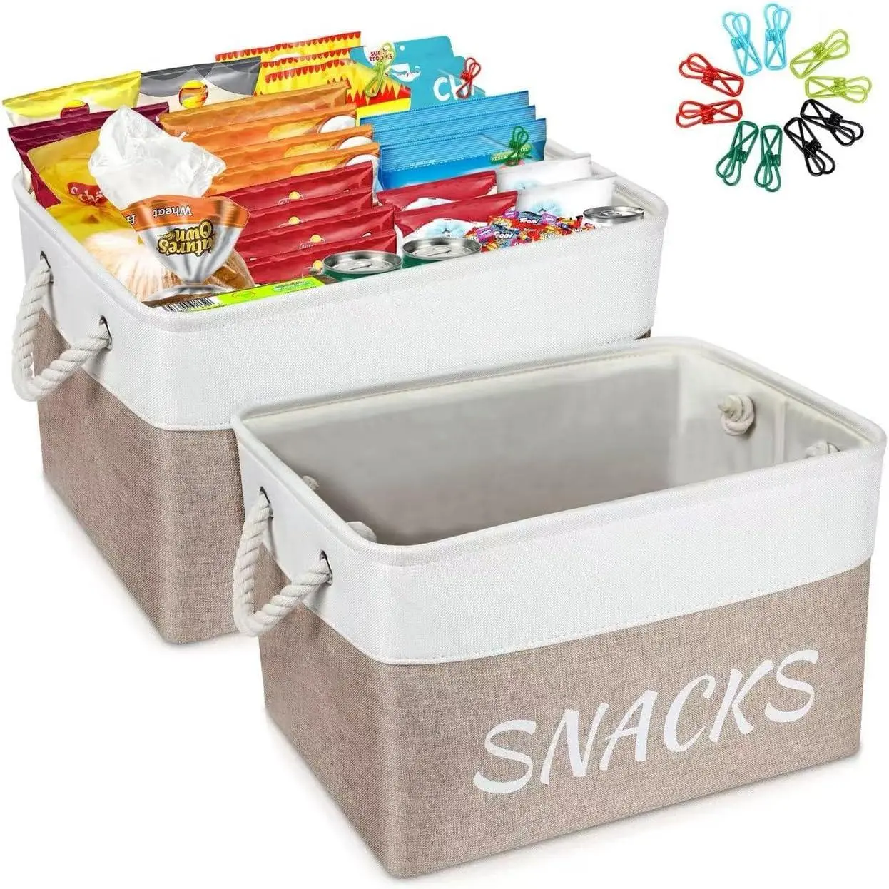 Snack Organizer for Pantry, Decorative Snack Basket with 10 count Chip Clips, Snack Organizer for Desktop, Collapsible Snack Storage Basket Shelf, Office, Kitchen and  (Beige, Medium-2 Pack)