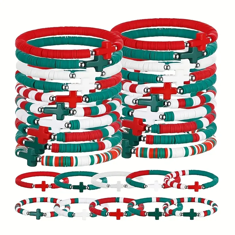 Women's 30pcs Christmas Theme Bulk Colored Stretch Cross Bracelets - Handmade Polymer Clay Novelty Bead Jewelry, Mixed Color Layered Religious Accessories (No Warning Applicable), Novelty Bead Bracelets & Bangles, Beads