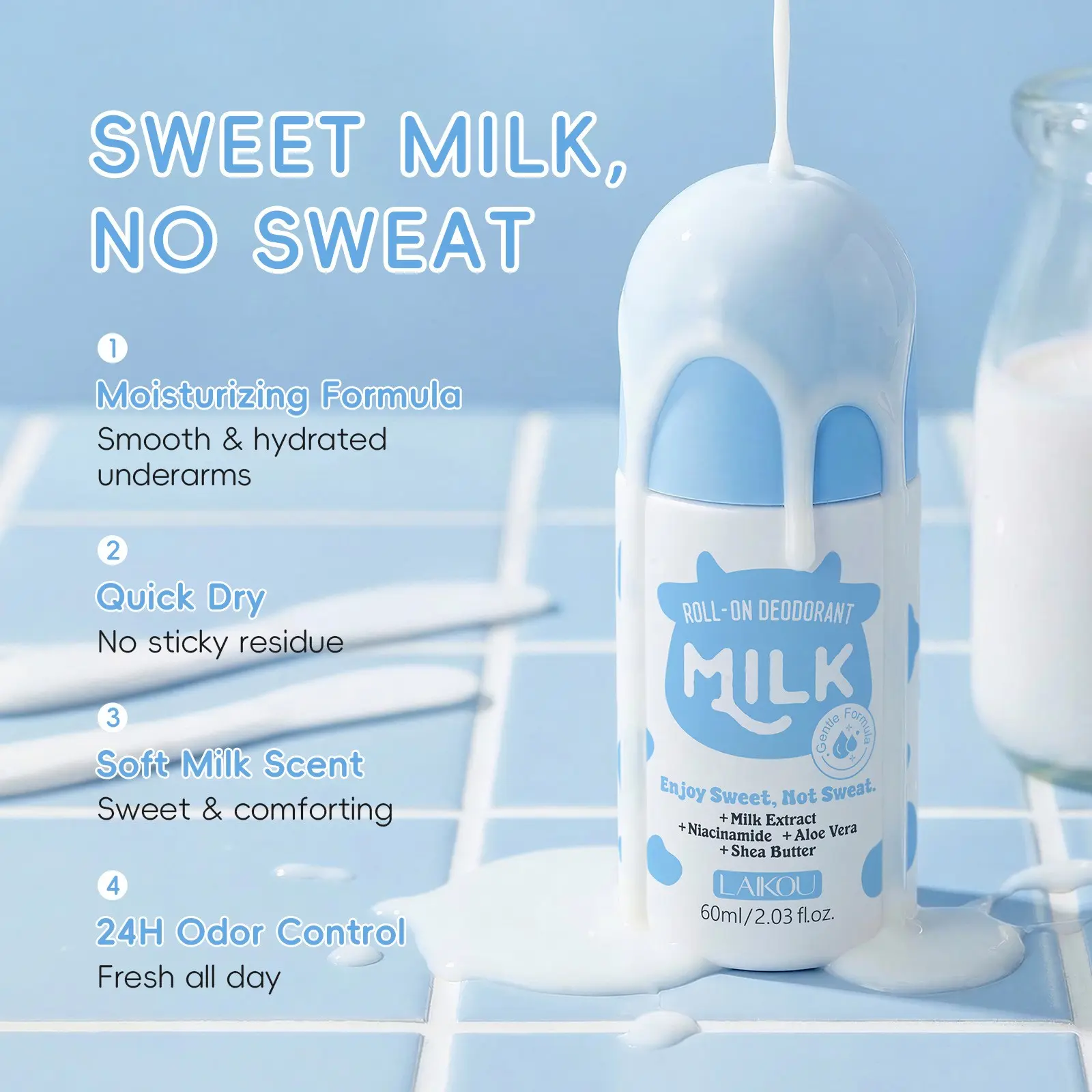 Milk Roll-On Deodorant Stick 60ML, Refreshing Sweat-Stopper, Gentle & Non-Irritating, Long-Lasting Fragrance, Ideal for Gym & Commute, Summer Underarm Care The portable 60ml bottle fits perfectly in your gym bag or purse to keep you fresh all day.