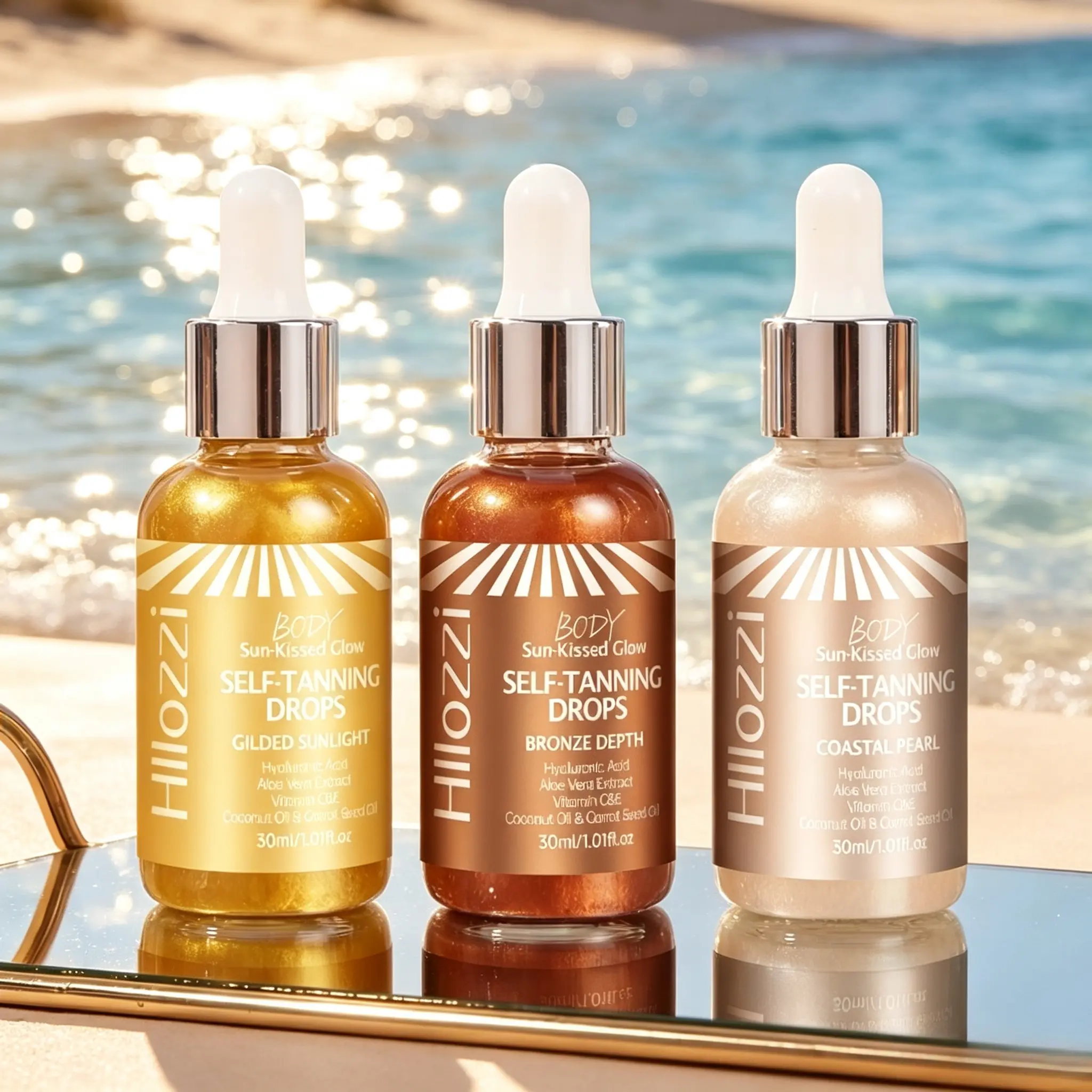 Sun-kissed bronze self-tanning drops with subtle gradual color transition, dual moisturizer aloe & coconut oil ease dryness, Moisturizing. Works on all complexions for customizable soft premium vacation tan without harsh orange undertones.