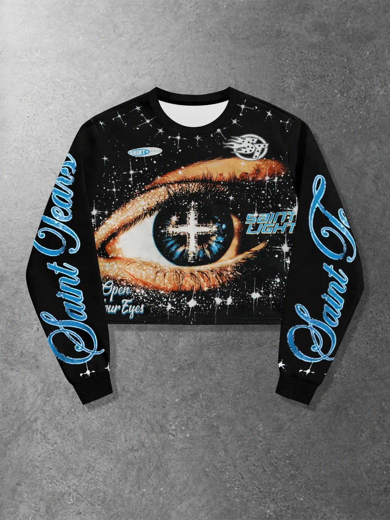 Men's Retro Gothic Cropped Pullover Top, All-Over Print of Starry Sky Eyes, Long-Sleeved Cropped Sweatshirt, Suitable for Skateboarding, Nighttime Street Style, and Other Trendy Occasions.