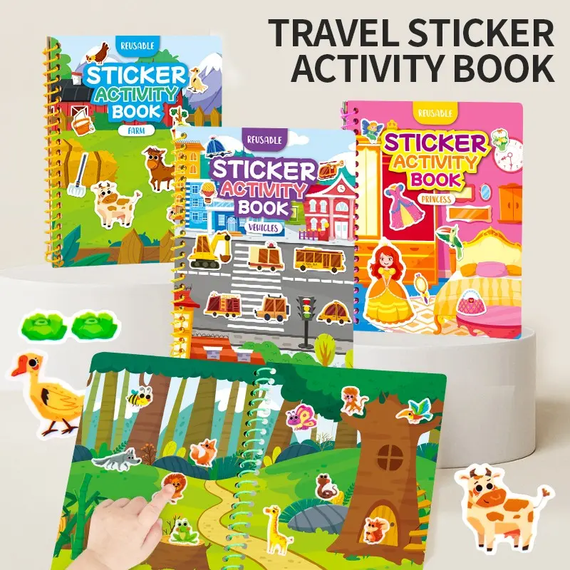 Children Reusable Sticker Book, Farm Animals Traffic Princess 4 Themes, Repeat Stick Baby Hands-On Toy, Portable Travel Gift