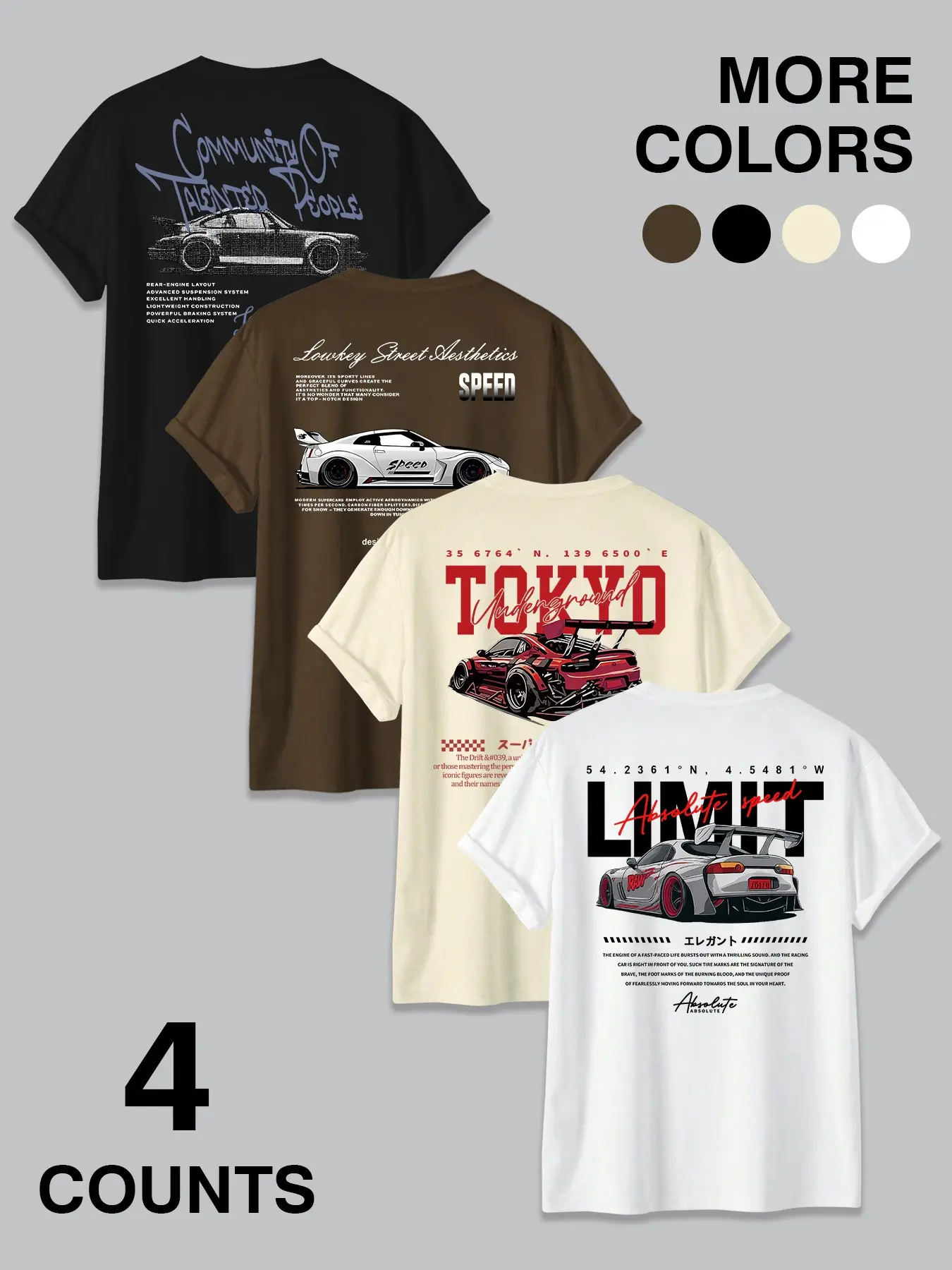 4-Pack JDM Car & Tokyo Street Aesthetic Vibe Graphic Round Neck Fitted Man T-Shirts, Racing Streetwear Casual Tee Set, Menswear
