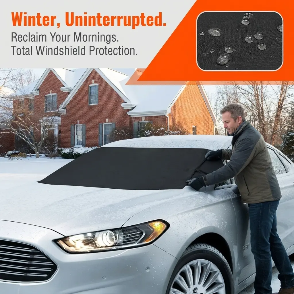 600D Thickened Oxford Fabric Windshield Snow Cover, Black Vinyl Waterproof Warm‑Insulated Car Snow Shield, Windproof Frost Ice Snow Protector, All‑Weather Vehicle Front Windshield Winter Accessory
