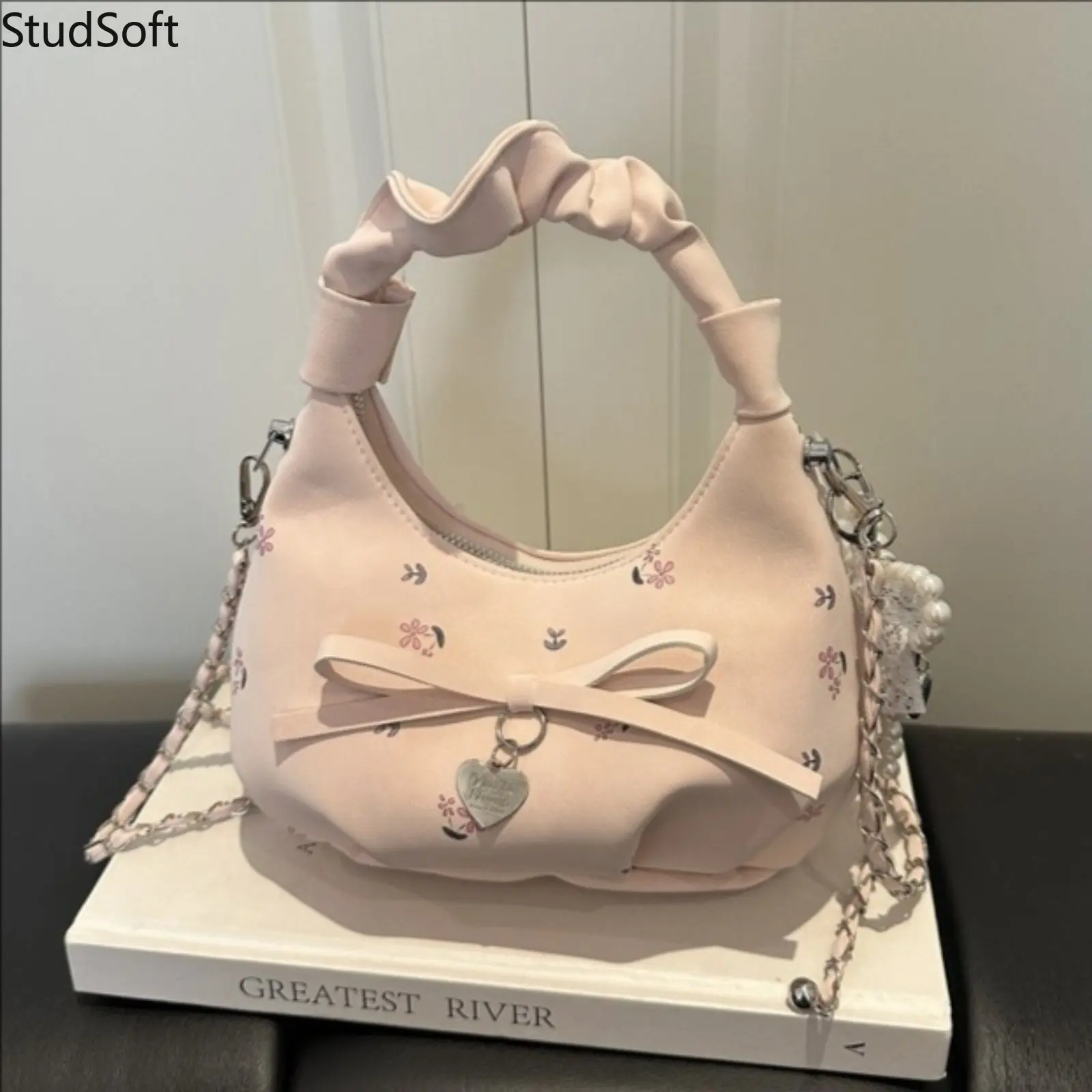 Floral Embroidered Ruched Handle Bag Soft Pink Crescent Shoulder Purse Elegant Bow knot Crossbody Satchel for Women Holiday,back to school,back to school haul