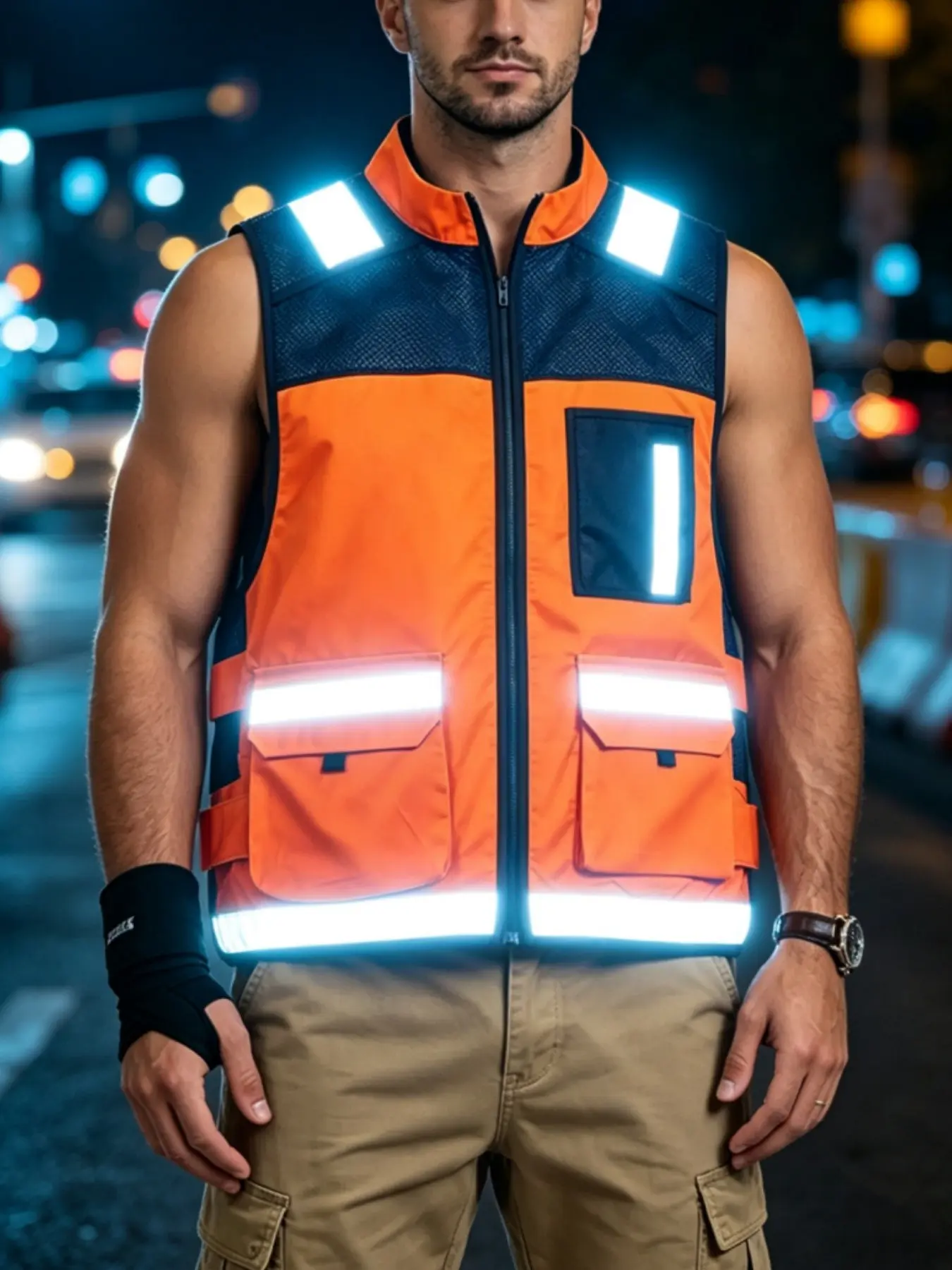Men's high-visibility reflective safety work jacket, multi-functional work jacket for storage, breathable and durable design, suitable for construction work, road cleaning, warehouse and logistics, night riding, emergency duty, Construction Gear