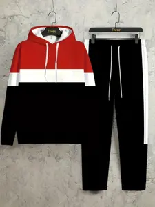 Men's Casual Outdoor Running Hoodie Set, Digital Print Three-Color Contrast Fashion Streetwear, Two-Piece Upper and Lower Set