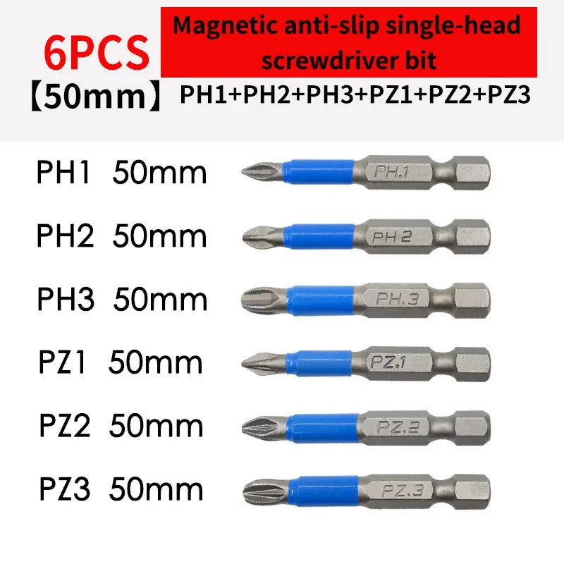 6Pcs S2 Alloy Steel Cross Screwdriver Bits Set Anti‑Slip Strong Magnetic High Torque Electric Screwdriver Drill Bits Universal Power Tool Bits