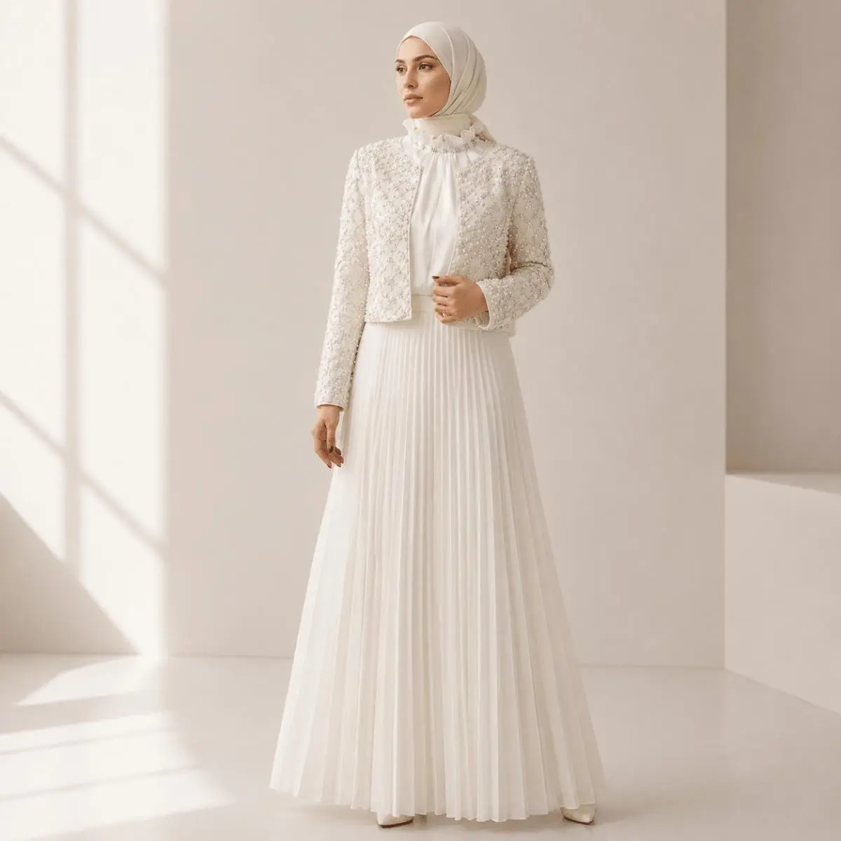 Women's Islamic Modest 2-Piece Co-Ord Set - Luxury Formal Party Wear, Structured Pearl & Rose Embroidery Cropped Jacket, Long-Sleeve Round Neck Accordion Pleated Flow Skirt Dress, Set Outfit