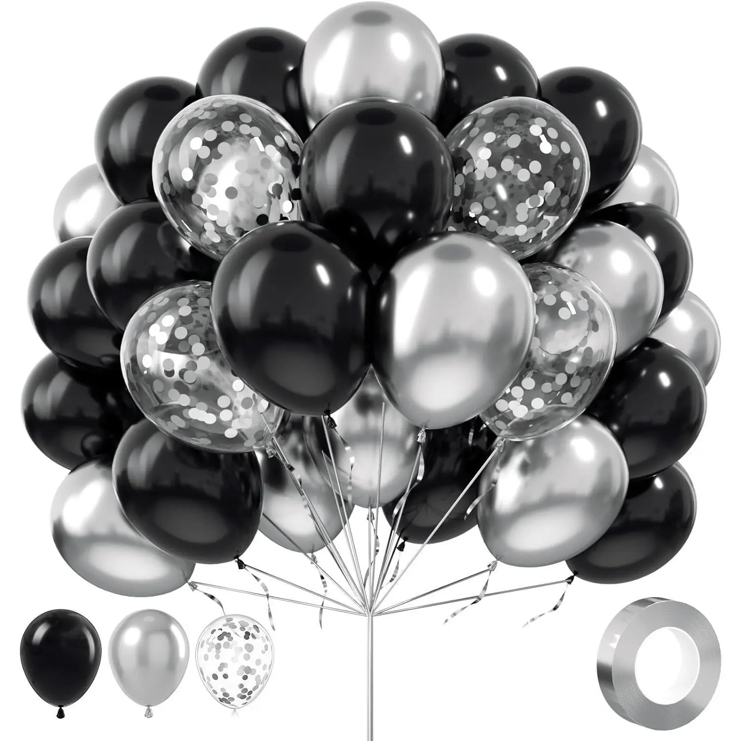 Balloons, Black and Silver, 100Pcs 12inch Black and Metallic Silver Balloons Party Decorations with Confetti Balloon for Birthday Graduation New Years Wedding Engagement Prom Party Decorations