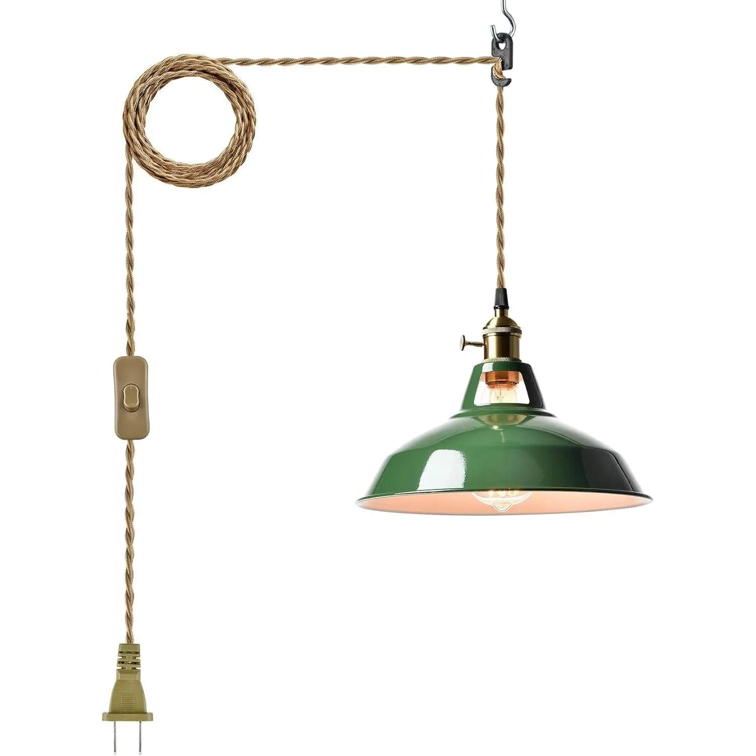 Modern Green Plug-in Pendant Light with Metal Shade, Contemporary Macarons-Style Hanging Swag Light, Warm White On-Off Switch Cord for Bedroom, Restaurant, Loft, Adjustable Height