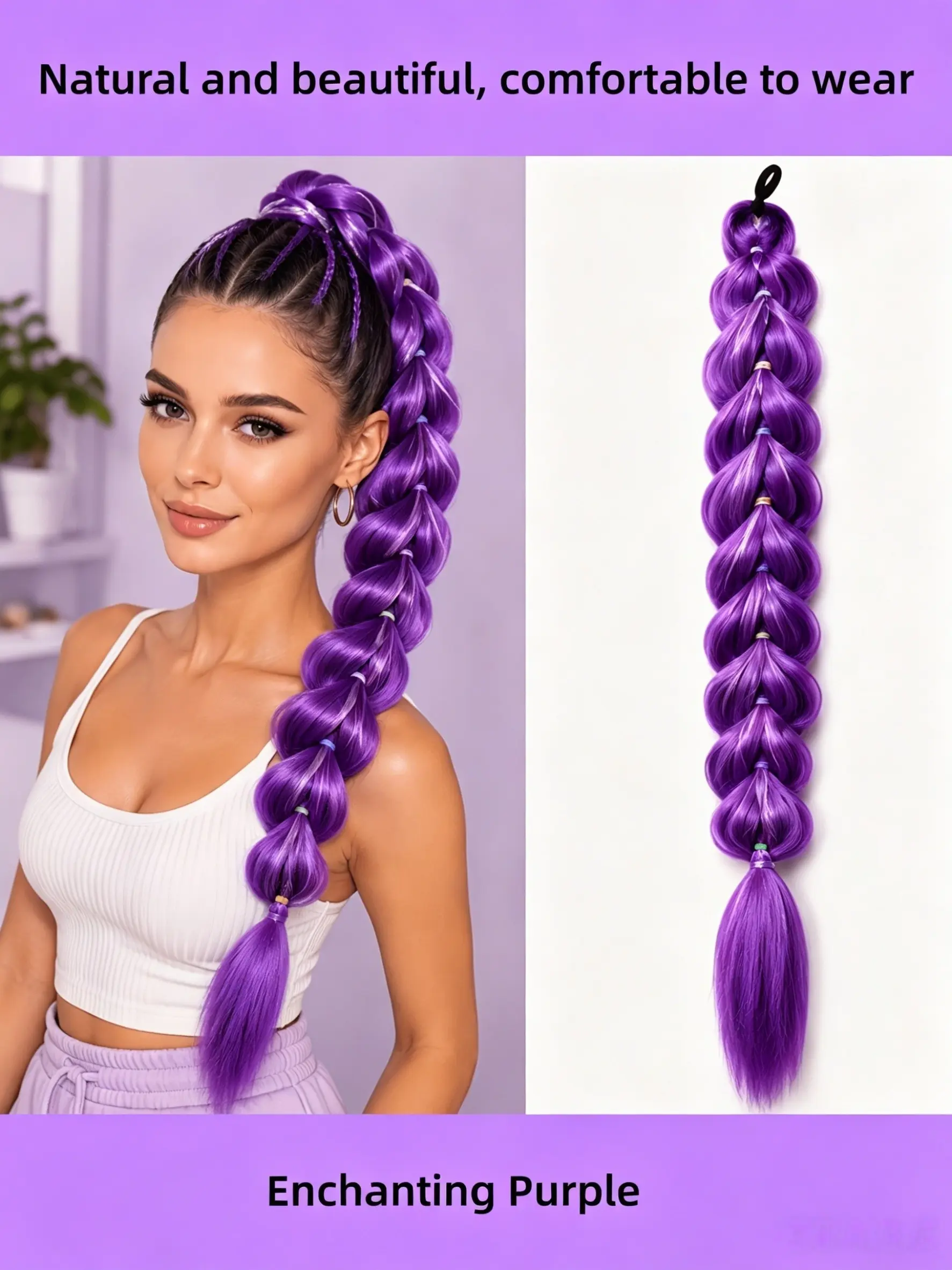 No braiding required, Purple braided ponytail headband with sequins, 24-inch colorful hairband, Synthetic ponytail, heat-resistant fiber, clip-on design, perfect for women’s everyday wear, parties, cosplay, and Halloween holiday costumes