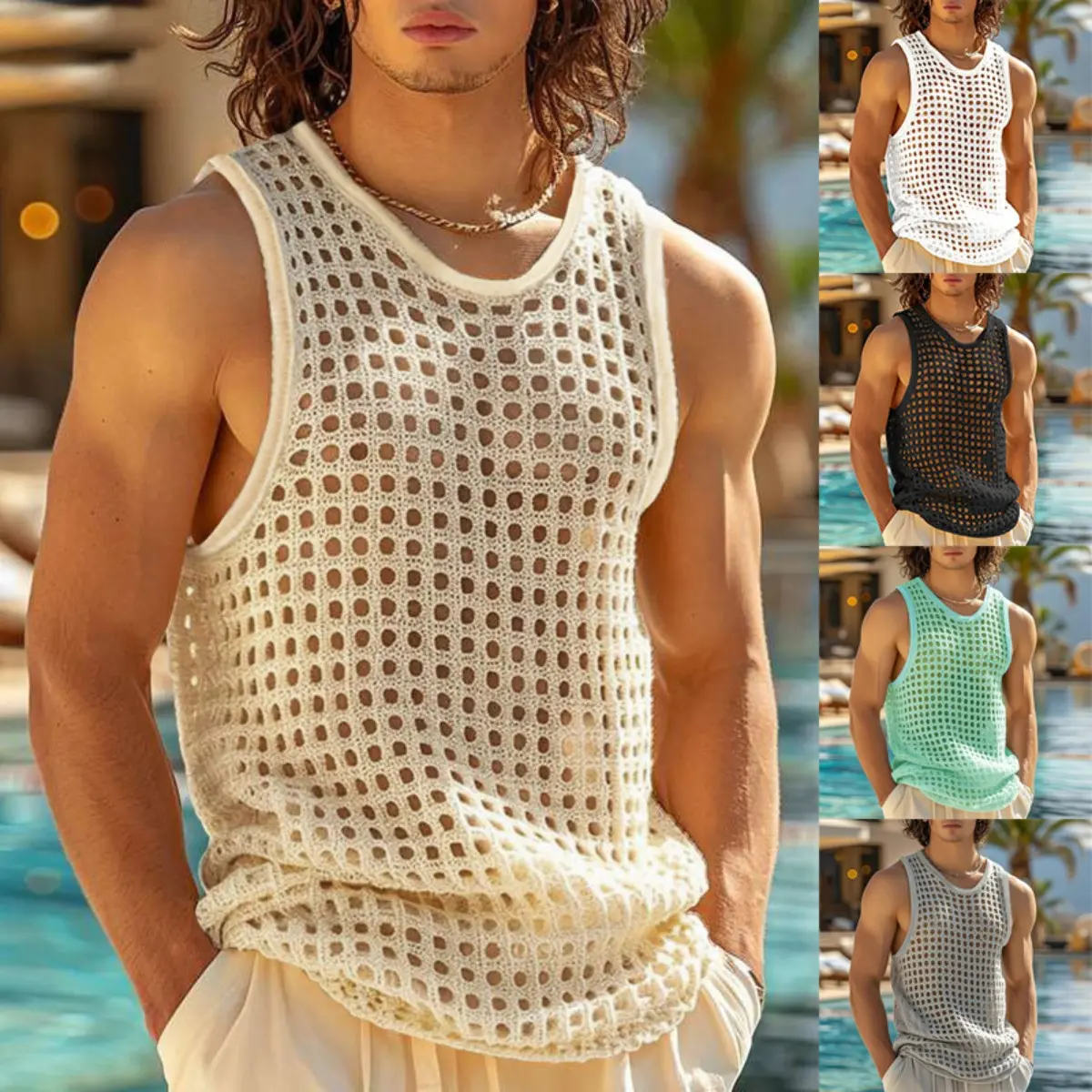 Men’s Mesh Tank Top - Menswear Muscle Fit Sleeveless Shirt with Mesh Fabric Hollow Cutout & Knitted Look, Lightweight Gym Vest for Summer Casual Wear