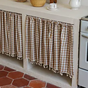 Gingham Kitchen Cabinet Curtains with Tassels, Khaki and White Plaid Cafe Curtains for Under Sink & Storage Shelves, 1 Panel (Rod Not Included) boho
