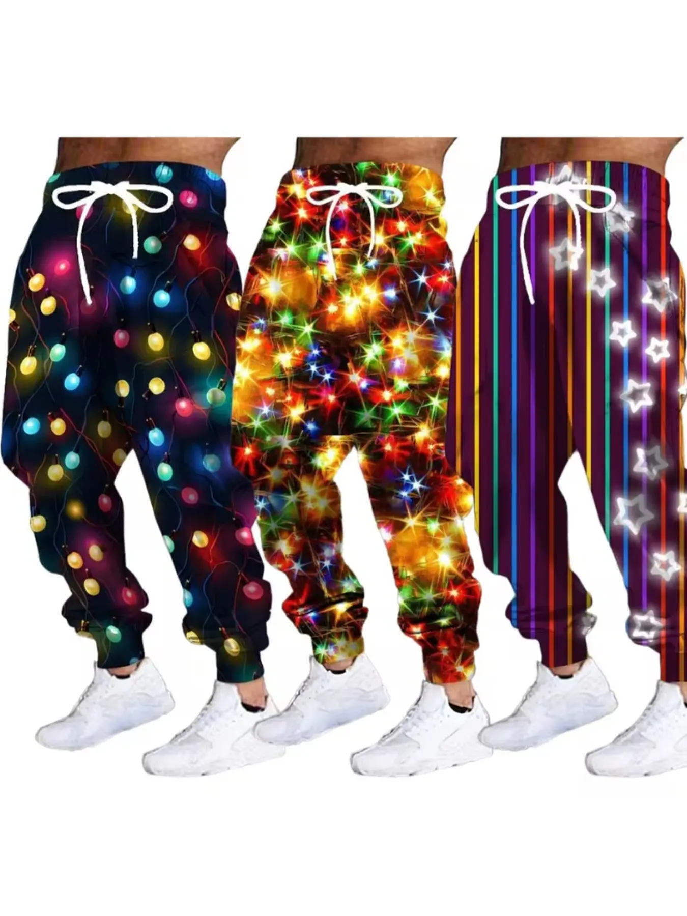 Three-Pack 3D Digital Print Drawstring Sweatpants, Colorful Light Strings, Starry Patterns, Casual Fitted Ankle-Length Pants for All Seasons
