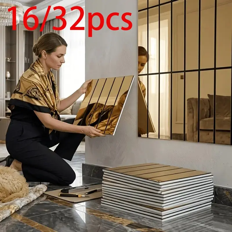 16/32 Piece 3D Striped Grid Self-Adhesive Modern Wallpaper, Thick Mirror Texture, European Luxury PVC Wall Stickers, Removable for Living Room Peel and Stick Wallpaper Designs