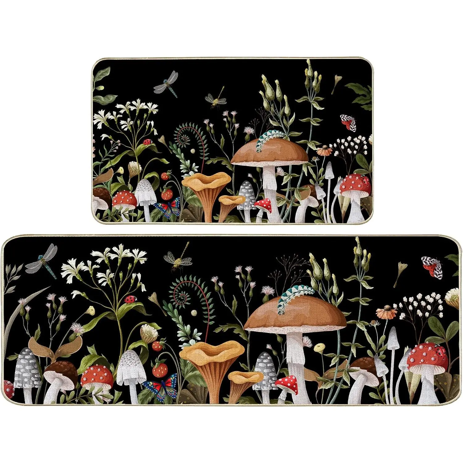 Mushroom Kitchen Rugs and Mats Set of 2, Rustic  Kitchen Decor, Black Mushrooms Butterfly Spring Anti- Mats for Floor Decorations for , Mushroom Rug  Decor 17"x29"+17"x47"