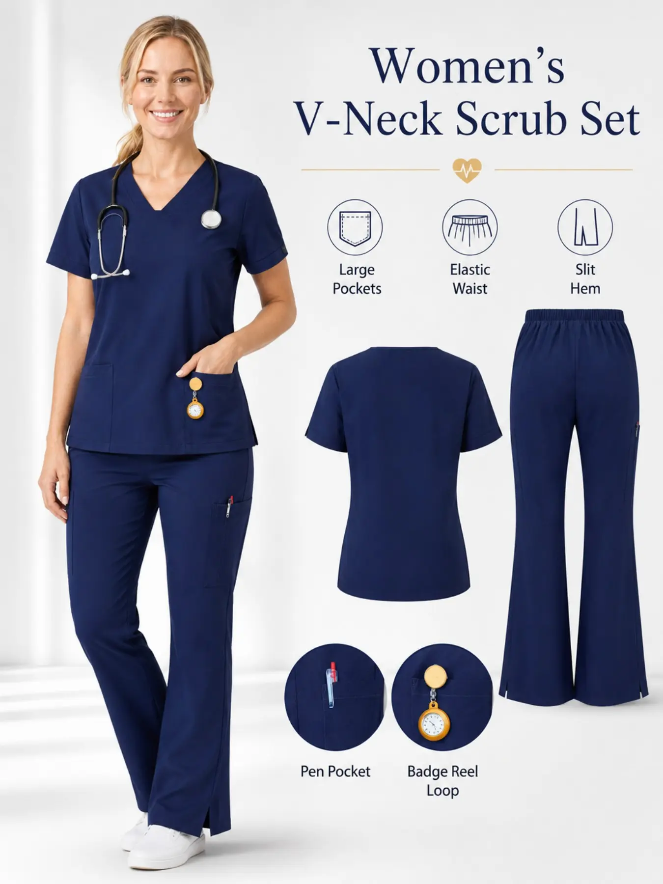 Women's V-Neck Scrub Set 2 Piece Nurse Uniform Medical Surgery Workwear with Large Pockets Elastic Waist Slit Hem Pants Comfortable Stretch Scrubs