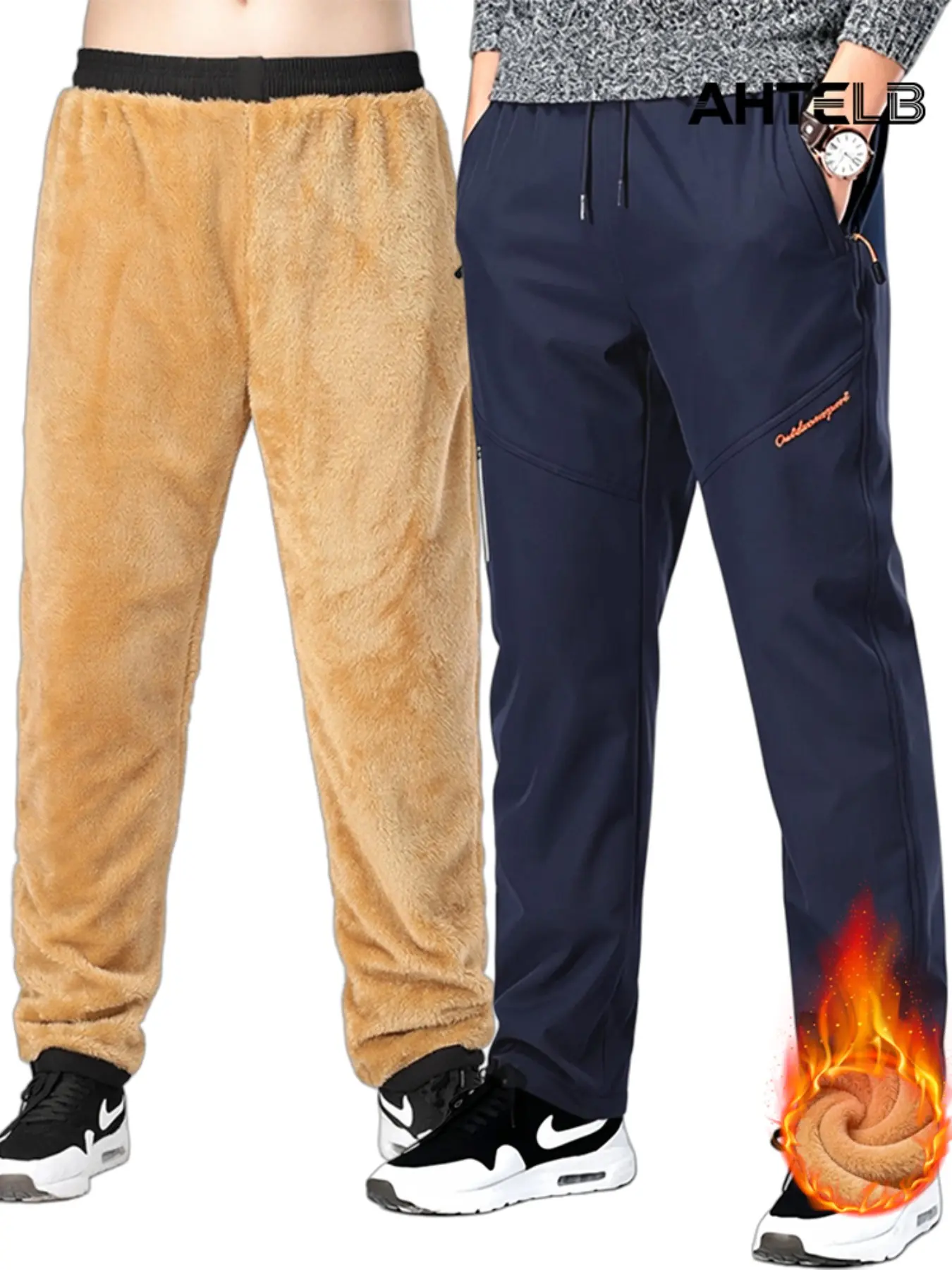 Men's Winter Thick Wool Lining Waterproof Hiking Pants, Windproof Snowproof Softshell, Durable Quick-Dry Outdoor Climbing Pants