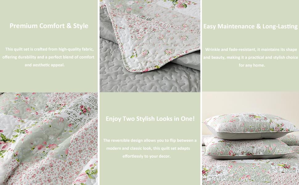 GREAGLE Quilt Set Queen Size, 3 Pieces Bedspread Coverlet Plaid Patchwork Quilt Farmhouse Queen Size Comforter Set Lightweight Bedding with 2 Pillow Covers Shams for All Season Gray Brown White cozy sheets