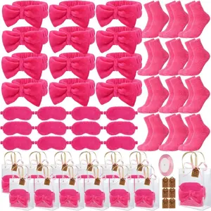 61 Pcs (12 Sets) Sleepover Party Favors for Girls Pink Spa Birthday Party Supplies Includes Bow Headbands Eye Masks Fuzzy Socks Clear Gift Bags with Ribbons and Tags Slumber Party Return Gifts for Guests Bridal Shower Bachelorette Party