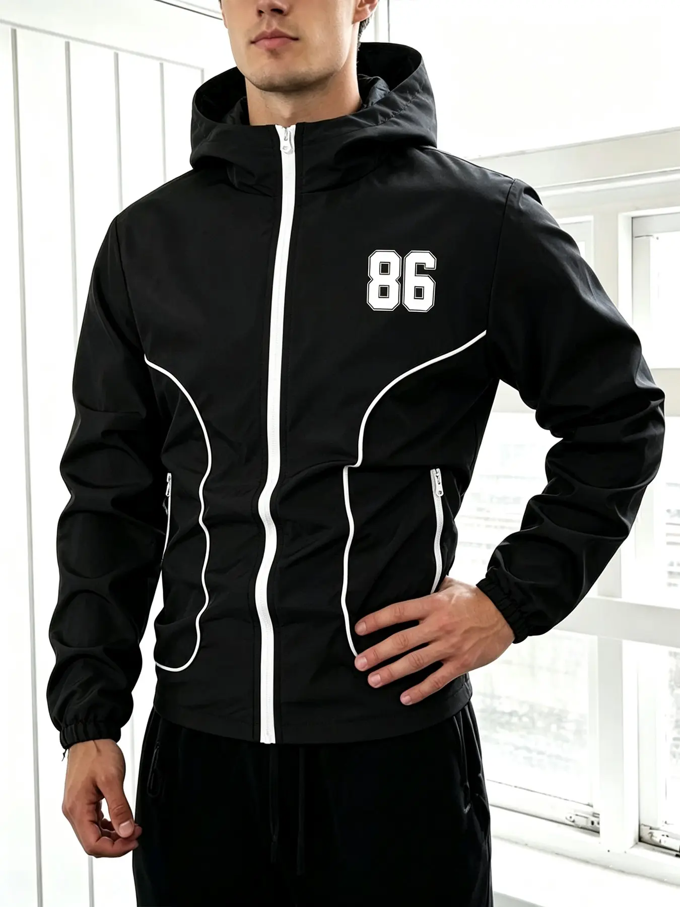 Men's Black Full Zip & Side Stripes Design with 86 Number Print Stand Up Hooded Windbreaker Casual Sport Jacket for Daily Streetwear Running Workout Outerwear Tops