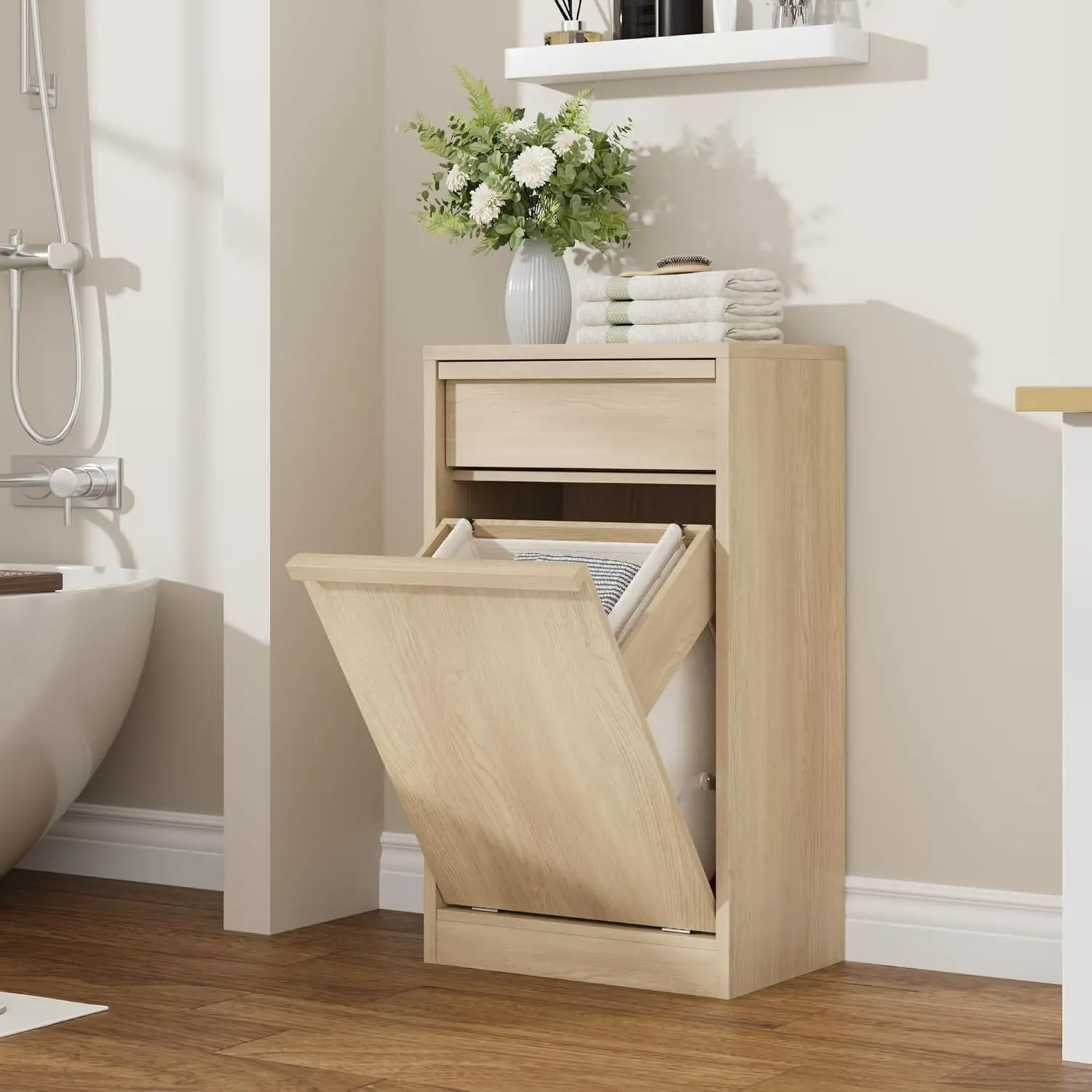 Tilt-Out Laundry Hamper Cabinet, 10 Gallon Trash Can Cabinet with 1 Drawer, Hidden Wood Laundry Hamper with Basket, Farmhouse Garbage Can Cabinets for Bathroom, Kitchen