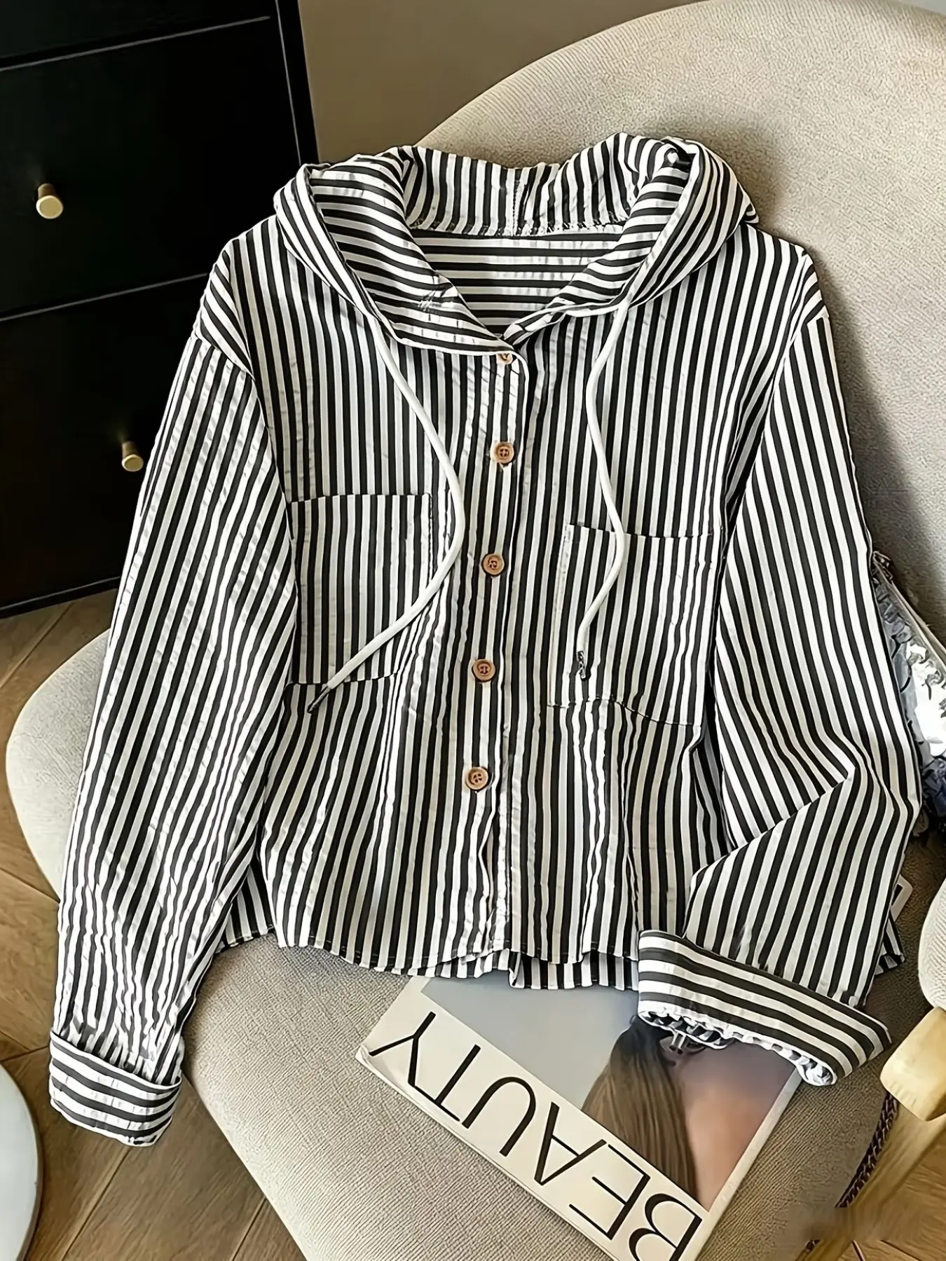 Relaxed Style Striped Hooded Open Front Cardigan, Comfortable Casual Wear, Perfect for Daily, Trendy Fashion Piece