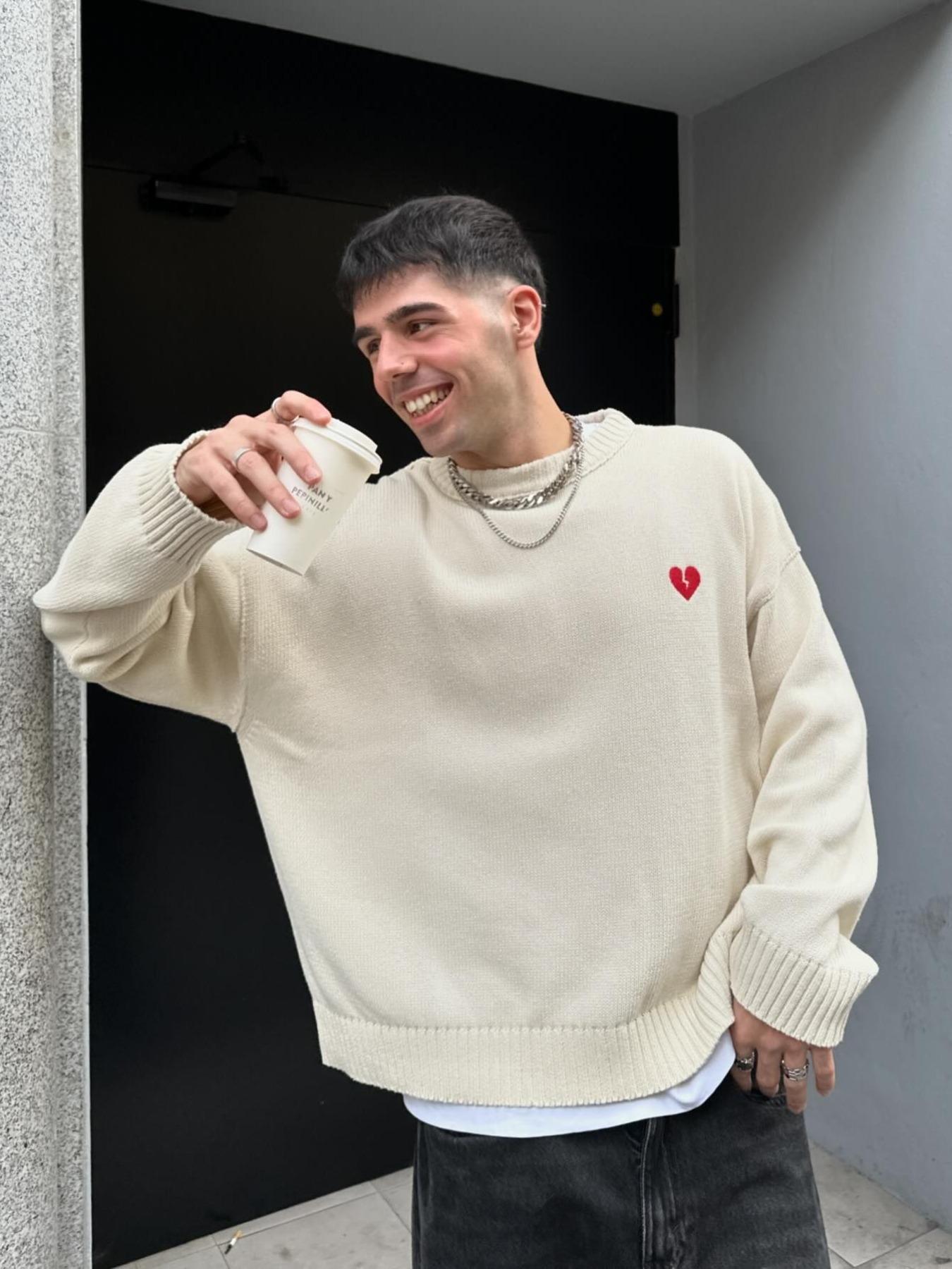 Men's Heart Embroidery Drop Shoulder Sweater, Casual Comfy Pullover, Loose Casual Long Sleeve Round Neck Jumper for Fall & Winter, Fashion Men's Knitwear for Daily Wear