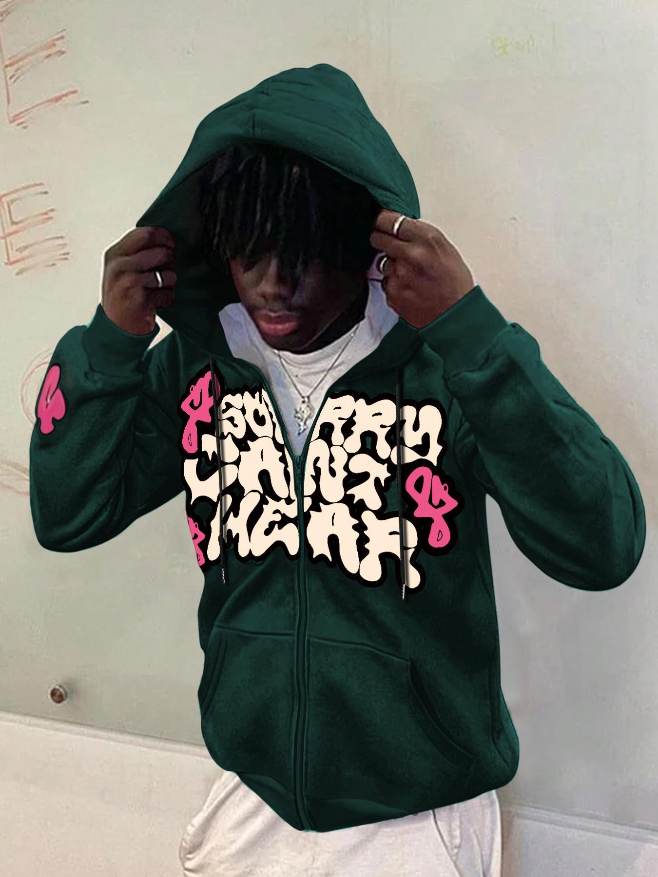 Men's Regular Fit Graphic Print Drop Shoulder Zip Up Hoodie, Fashion Casual Drawstring Pocket Plush Lined Hooded Sweatshirt for Daily Holiday Outdoor Wear, Men Clothes for Fall & Winter, Hooded Zipper Hoodie, Affirmation Zip Hoodie