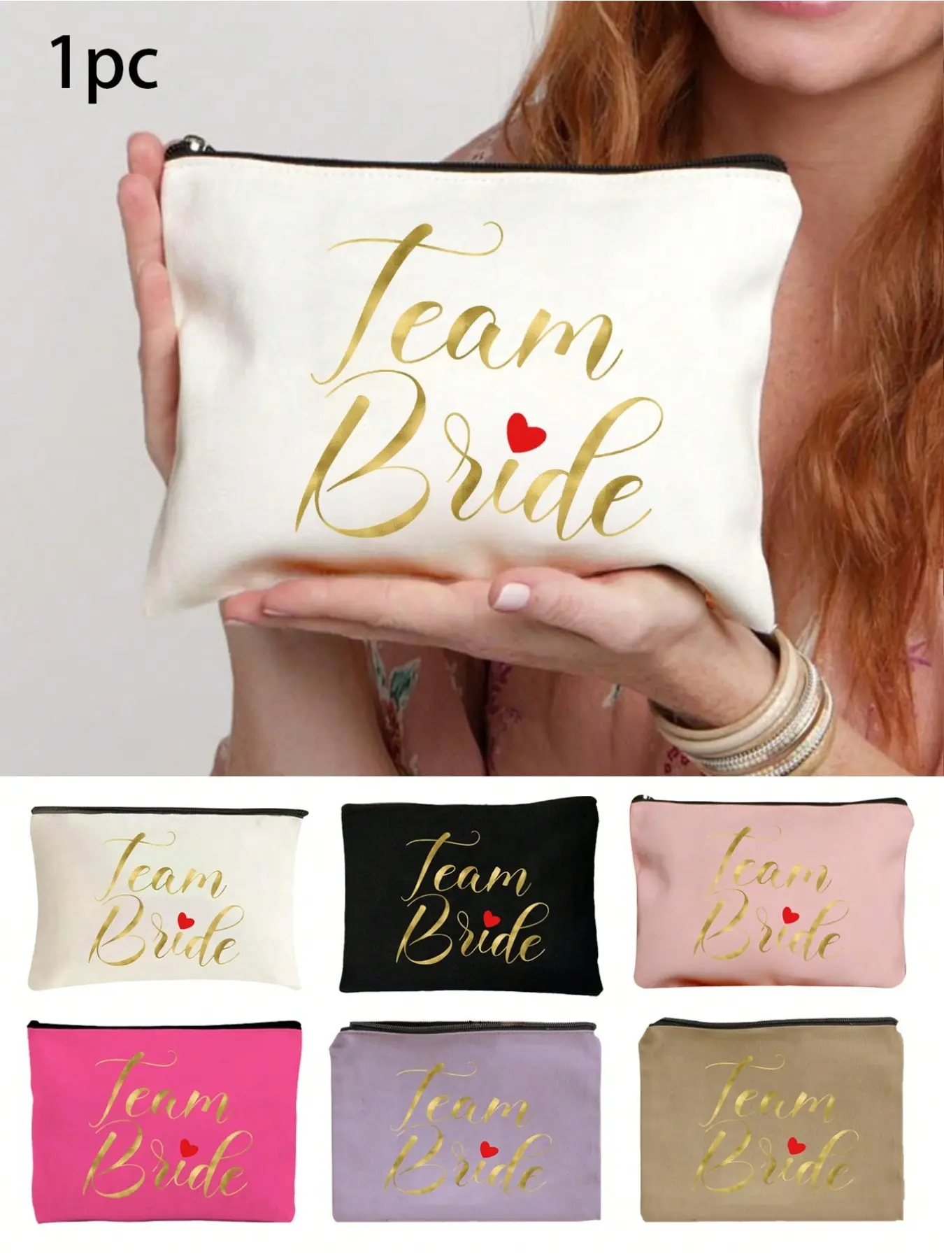 Polyester Letter Print Zipper Women's Makeup Bag, Bridesmaid Gift Bag, Wedding Travel Cosmetic Pouch, Fashion Letter Sticker Bag