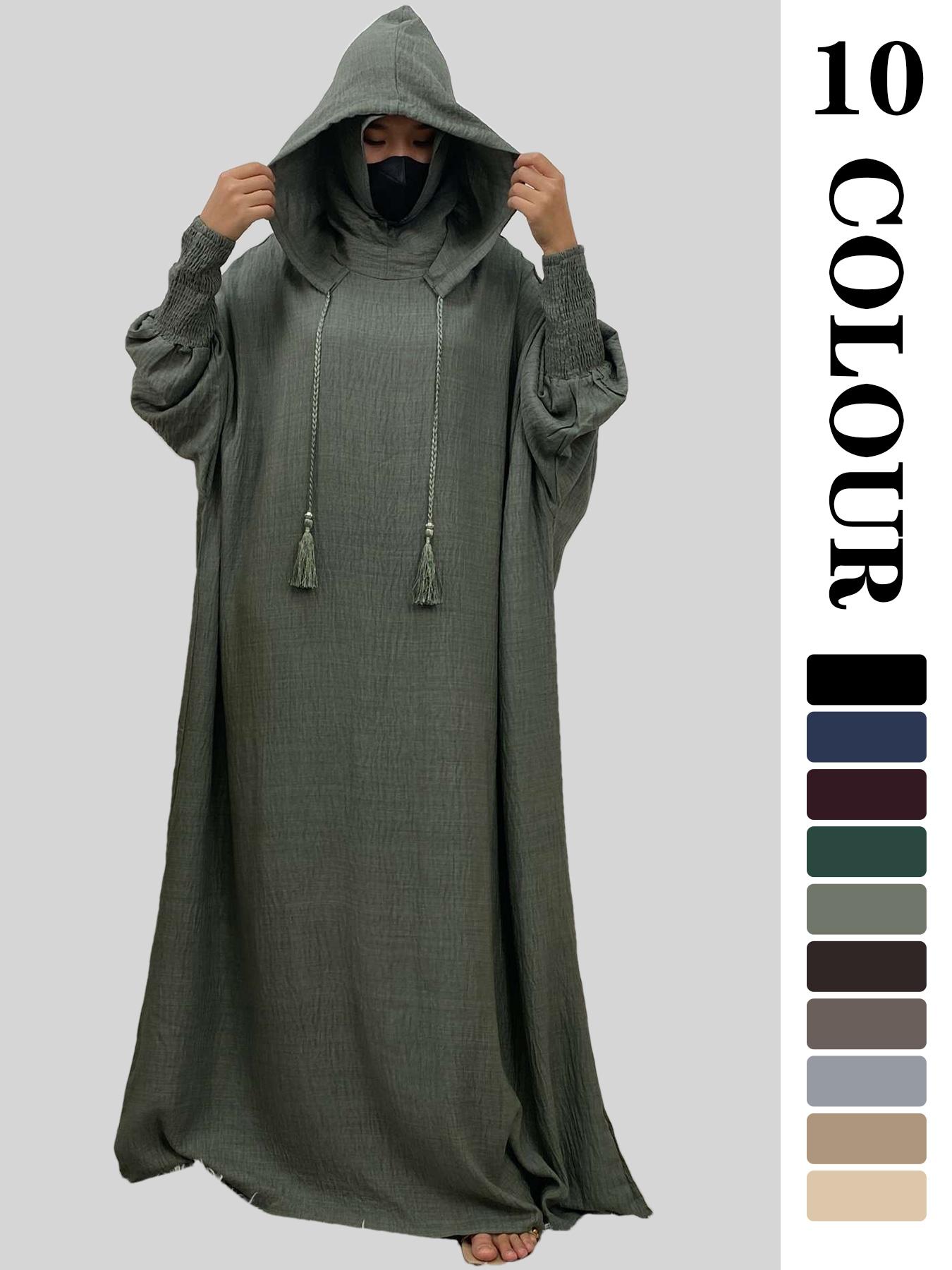 Women's Solid Color Batwing Sleeve Drawstring Hooded Dress, Casual Long Sleeve Shirred Cuff Long Dress for Spring & Fall, Women's Islamic Clothing for Daily Wear, Hooded Arabian Dress