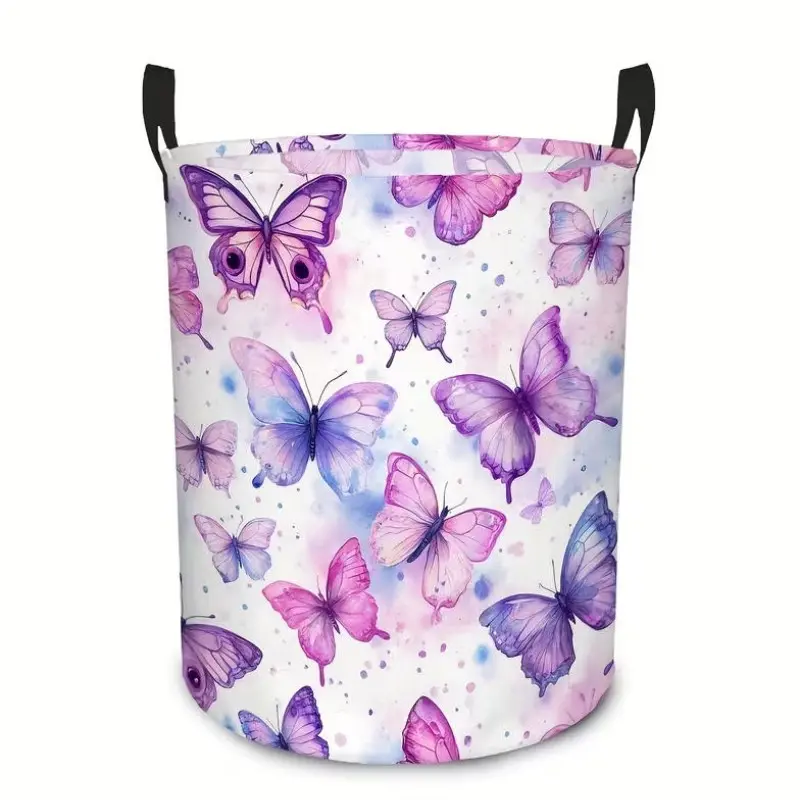 1pc Foldable Round Hamper | Purple Watercolor Butterfly Design | Laundry & Storage Basket for Closet, Bathroom, Bedroom