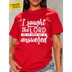 Women's Plus Size 100% Cotton Short Sleeve Crew Neck Casual Tops - Comfortable Fit Fabric, Faith Graphic "I Sought The Lord And He Heard And He Answered" Sports Outdoor Shirt