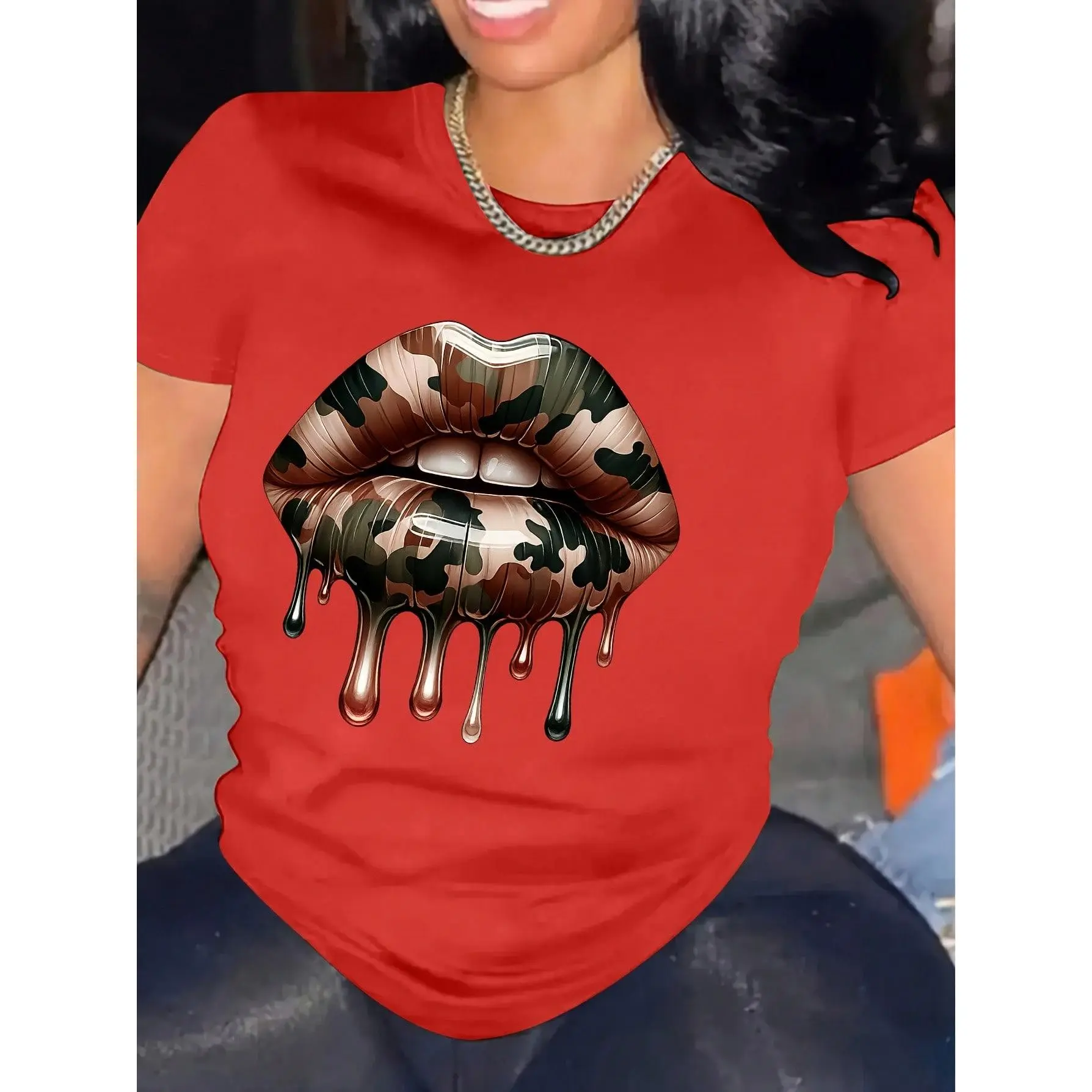 Women's Plus Size Cotton Casual Wear Sports Top - Olive Green, Short Sleeve, Round Neck, Wide-Shoulder, Bold Lip Print Camouflage, Loose Breathable Fabric, Machine Washable, Comfortable Fit, for Festival, Day Wear
