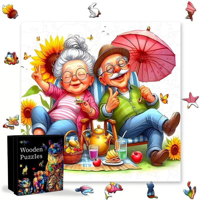 Elderly Couple Wooden Puzzle, Unique Irregular Animal Shapes, Home Decor, Brain Teaser, Perfect Gift, Holiday Special, Christmas Clearance