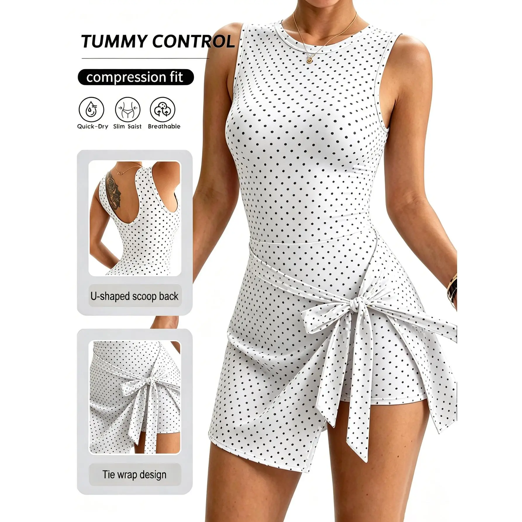 Women Sleeveless One Piece Yoga Romper, U Scoop Back Wrap Tie Skirt Overlay Shorts Jumpsuit, Tummy Control Quick Dry Athletic Bodysuit for Tennis Fitness Pilates