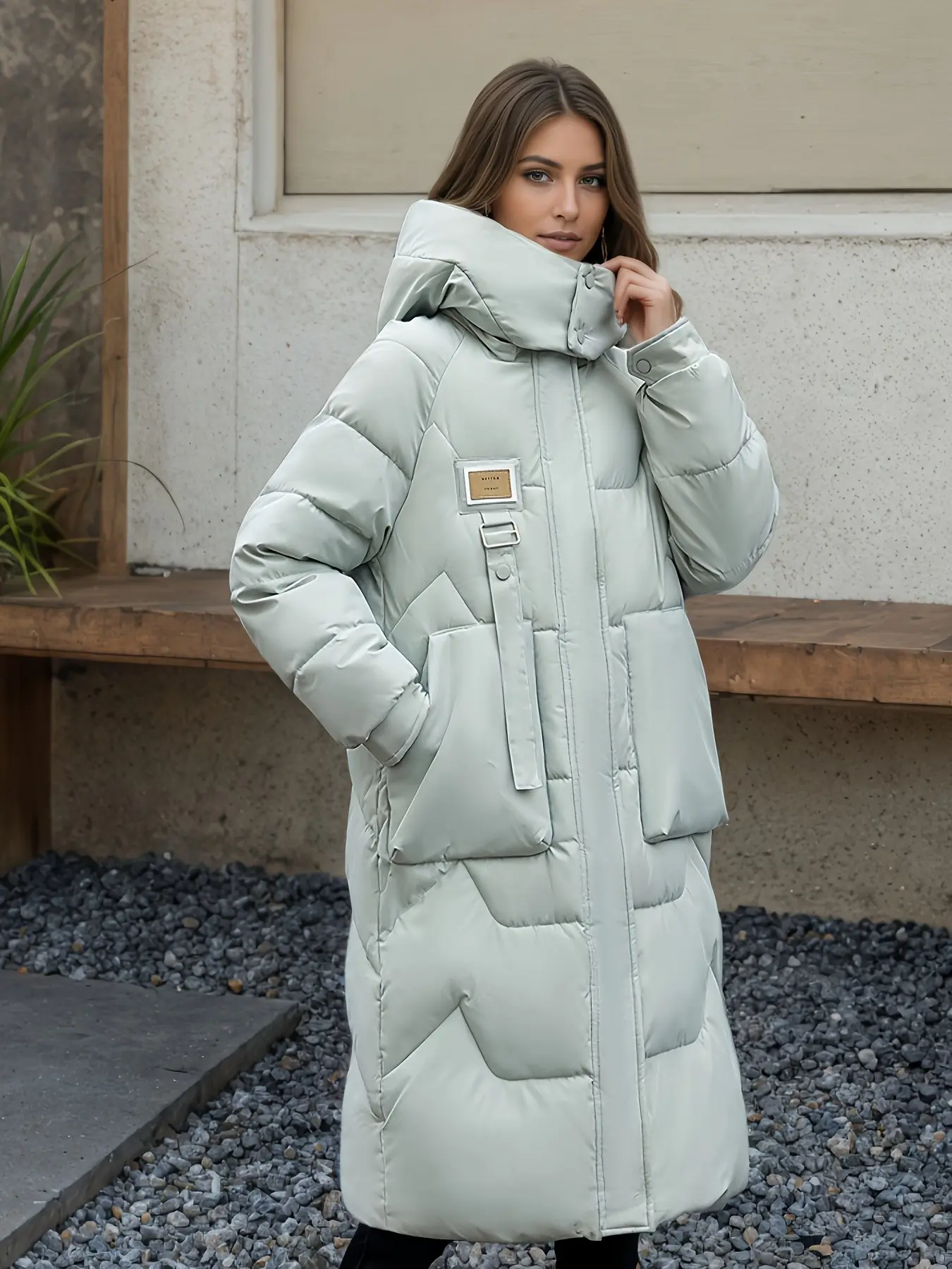 Women's Oversized Long Hooded Puffer Coat with Zip Front, Quilted Design and Large Pockets